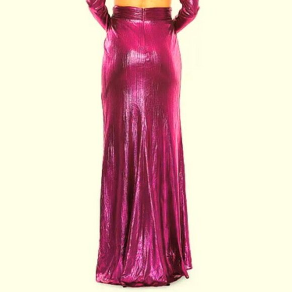 Mac Duggal Fuschia Foile Princess Sleeve Cut Out Metallic Gown Dresz - Picture 4 of 4